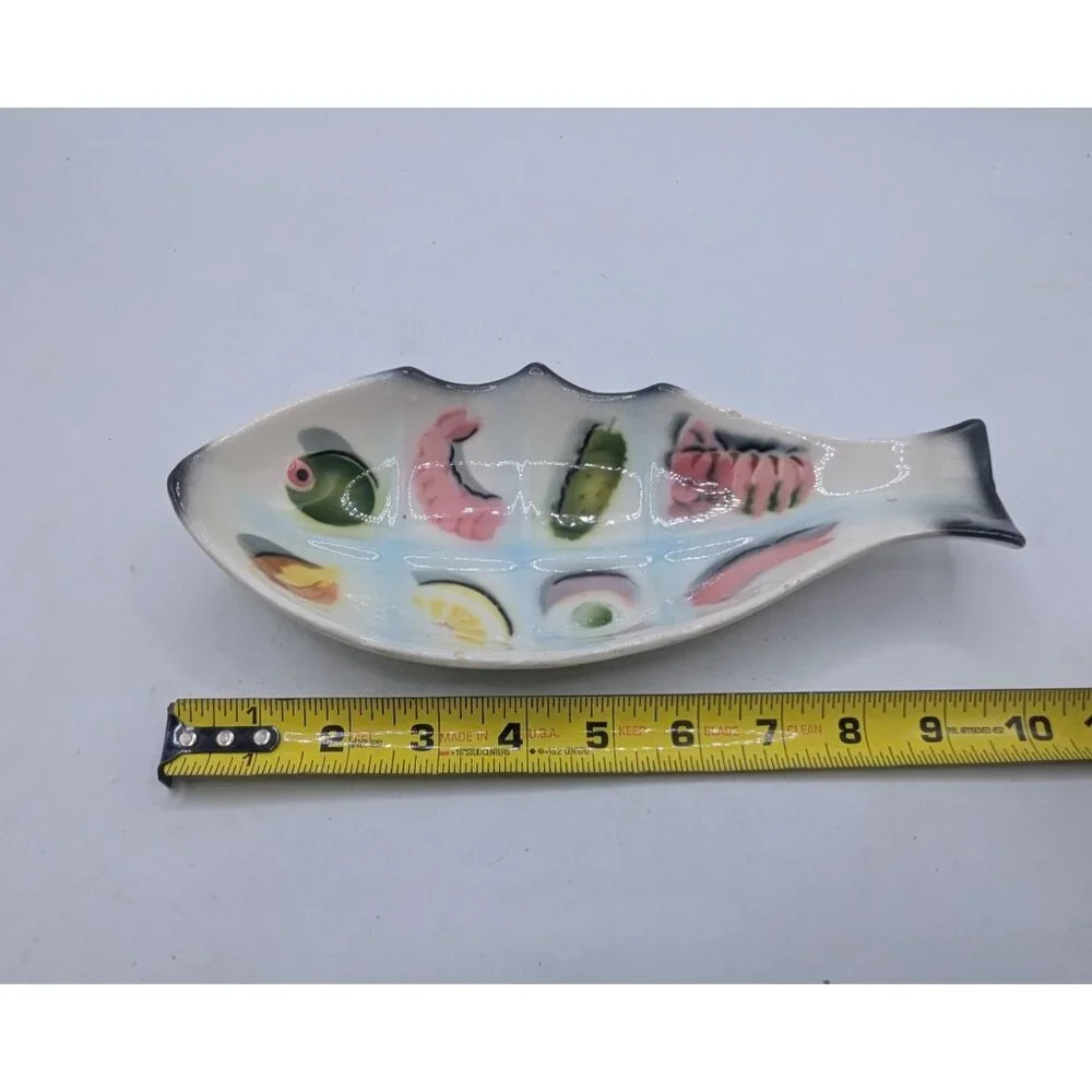 Hand-Painted Ceramic Fish-Shaped Divided Serving Dish With Vibrant Food Motifs